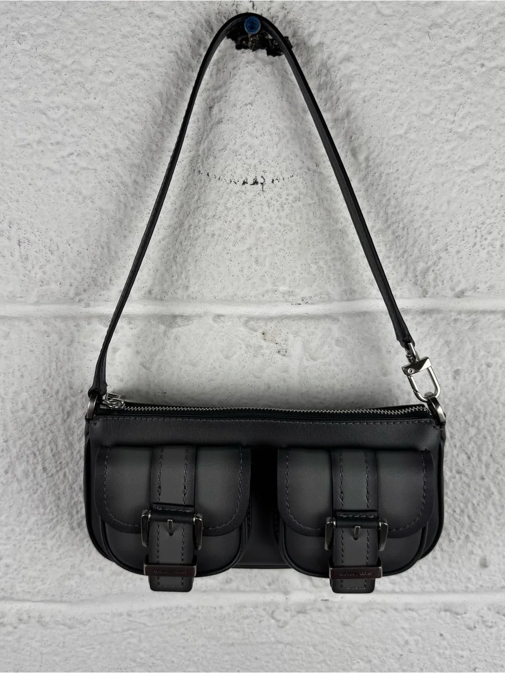 Michael Kors Black Leather Pocket Baguette Shoulder Bag Y2K Cargo Mini Purse - Picture 3 of 9